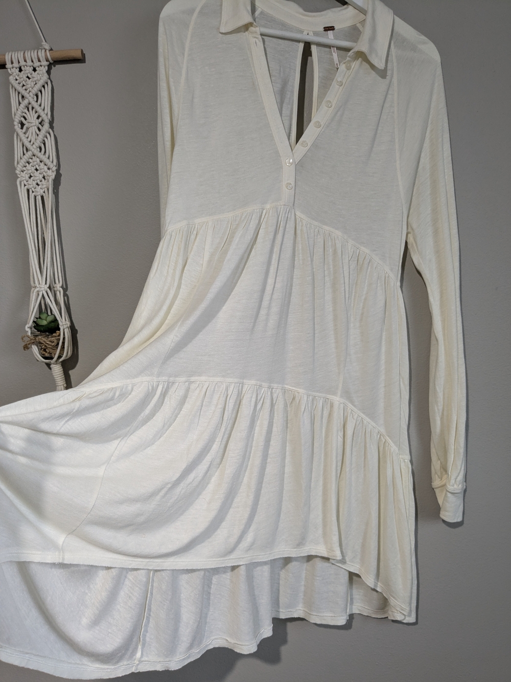 Free People Best Girl Cream Long-Sleeve Button Keyhole Tiered Tunic Top Dress M - Picture 10 of 13